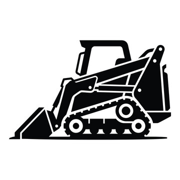 Black and white illustration of a skid steer loader machine  construction equipment icon