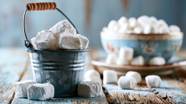 Metal bucket marshmallow white candy rustic wooden table sweet dessert snack metal bucket filled with white marshmallow candy rustic wooden table