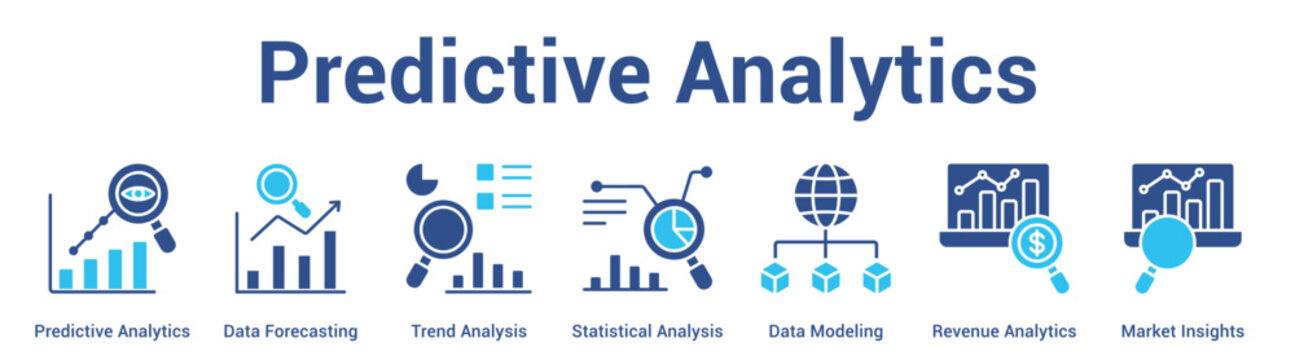 Predictive Analytics web banner icon vector illustration concept for business with icon of Predictive Analytics, Data Forecasting, Trend Analysis, Statistical Analysis, Data Modeling, Revenue.