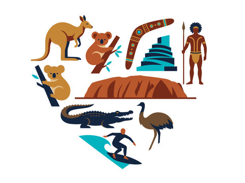Australian Culture and Wildlife Heart Shaped Vector Illustration Set