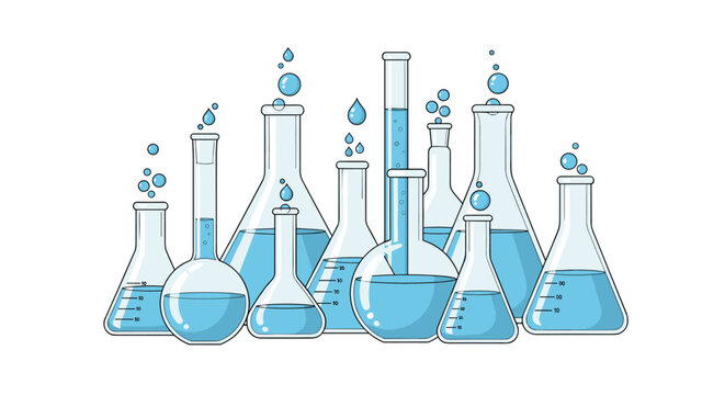 Set of diverse chemical flasks and beakers filled with blue liquid and bubbles for scientific or laboratory research.