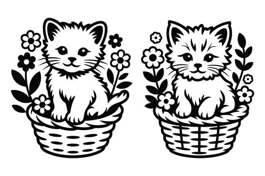 Two black and white of adorable kittens sitting inside woven baskets with blooming flowers