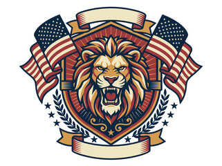 Obraz premium Patriotic Lion Mascot Logo with American Flags and Shield Emblem