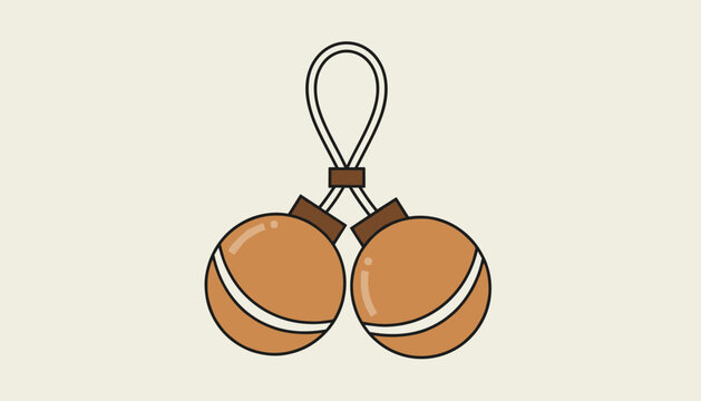 Traditional wooden clacker toy known as lato-lato or bolas hanging by a thin white string against a simple light cream background.