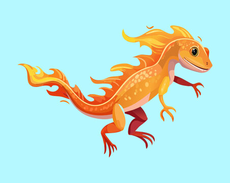 Vibrant vector illustration of fiery orange salamander lizard crawling with glowing flame elements on body suitable for children storybook illustration showcasing rich detailed