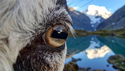 Obraz premium Close-up of llama eye with serene mountain lake.