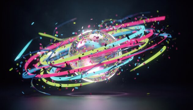 Medium shot of vivid neon confetti ribbons spinning dynamically around a luminescent sphere against a sleek dark gradient background with glowing rim lighting