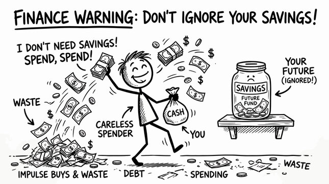 A hand drawn doodle illustration of a careless spender ignoring savings