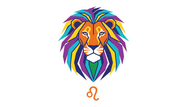 Majestic lion head illustration rendered in vibrant geometric shapes with the Leo zodiac sign symbol placed below on a white background.