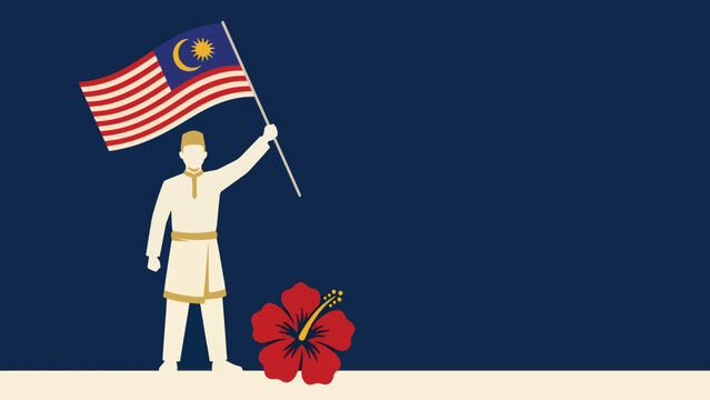 Malaysian man holding Jalur Gemilang flag with hibiscus flower decoration