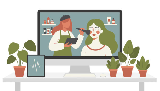 Computer monitor displaying a makeup tutorial or professional beauty consultation with a stylist on a clean white desk.