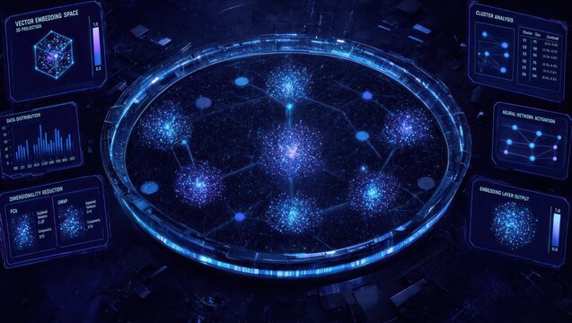 Futuristic digital interface with complex neural network data cluster analysis on holographic screen, for advanced artificial intelligence machine learning solutions