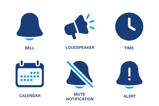 Notification theme icons such as bell, loudspeaker, mute notification, alert, time, calendar. Solid vector icon set.