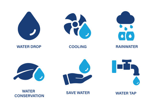 Water theme icons such as water drop, cooling, rainwater, water conservation, water tap, save water. Solid vector icon set.