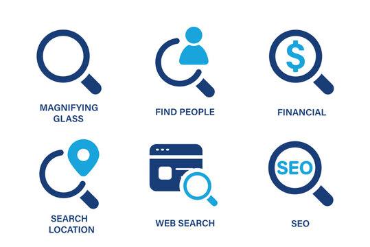 Search theme icons such as magnifying, find people, search location, web search, SEO. Solid vector icon set.