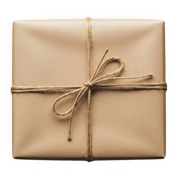 Brown paper gift package wrapped with twine ribbon isolated on transparent background