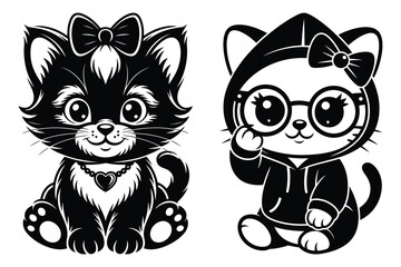 Fototapeta premium Two cute kittens, one with a bow and heart necklace, one with a hoodie and glasses, white