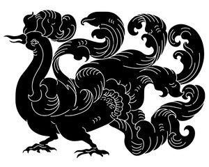 Naklejka premium Vector silhouette of mythical phoenix with ornate flowing feathers. Minimalist design symbolizing rebirth, elegance, and cultural heritage.