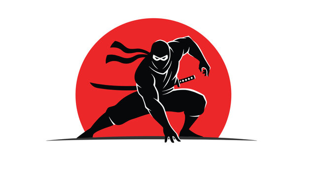 Black silhouette of a ninja in a crouched combat pose with a katana sword on his back against a large rising red sun.