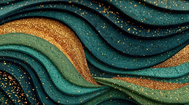Dark green fabric texture with glitter parallel golden wavy lines, wide dark green stripe in center, subtle layered depth, elegant abstract backdrop for invitation, packaging