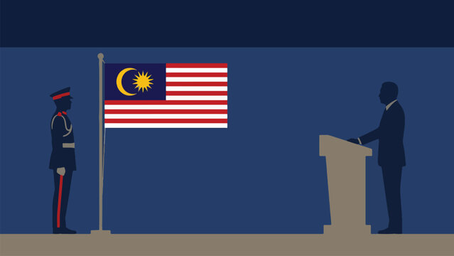 Malaysian soldier standing at podium with Jalur Gemilang flag ceremony vector