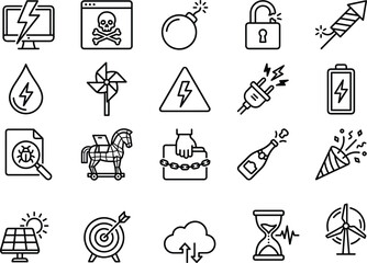 Obraz premium Cybersecurity Cyber Crime Computer Malware Vulnerability Renewable Energy and Celebration Event Line Icon Set