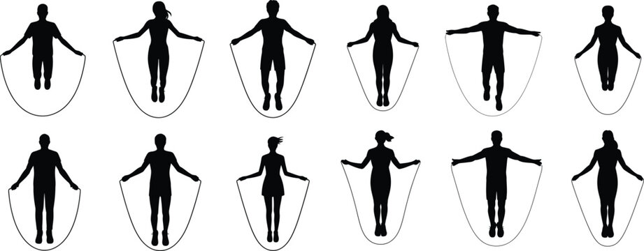 People silhouettes performing jump rope exercises isolated on transparent background in set of twelve figures.