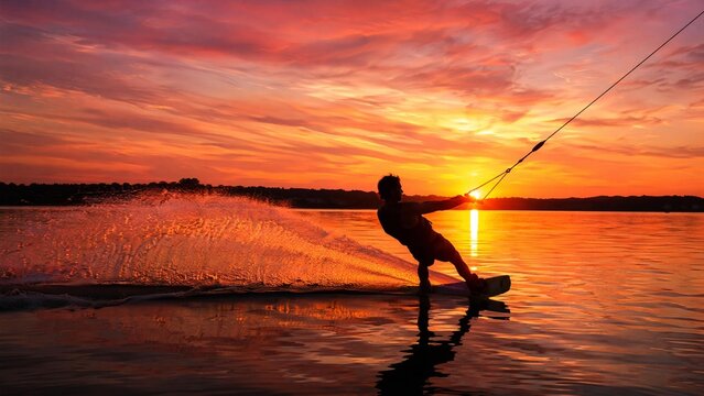 wakeboard. Wakeboarder carving water against a vibrant sunset sky. inspiring travel planning, event key visuals, designed for sports event promotions and stadium branding, used by event planners.