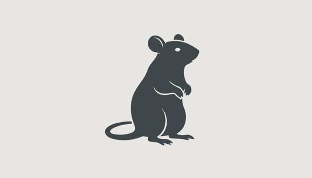 Dark grey silhouette of a rat or mouse standing alert on its hind legs is centered on a light neutral background.