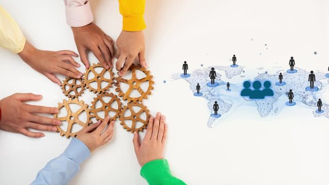 Diverse Hands Collaborating with Gears on a Table Overlaid with a Global Connection Map Illustrating Teamwork and Innovation in Business. Entropy.