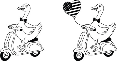 Vector illustration, goose on scooter, patriotic balloon, heart shaped © mafia009