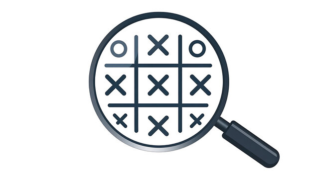 Magnifying glass focusing on a tic tac toe game grid with crosses and circles.