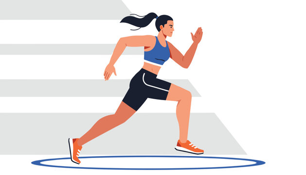 Determined female athlete in blue sportswear runs with high intensity against a background of dynamic motion lines and speed.