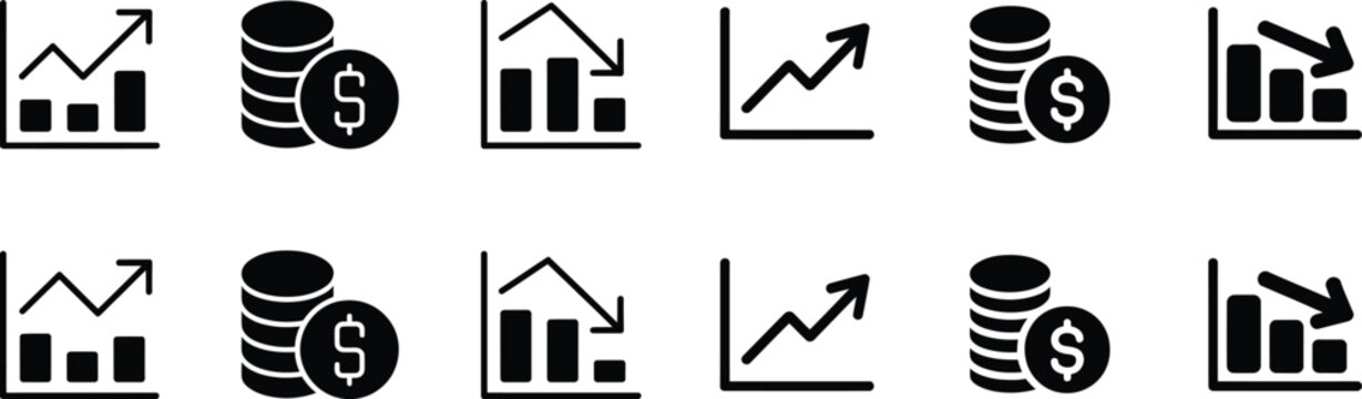 Business finance growth up and down graph icons and coin stacks with dollar sign.