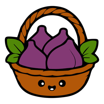 Cute fig mascot logo with decorative vector illustration elements, bold outlines, vibrant flat colors, and an adorable kawaii cartoon style