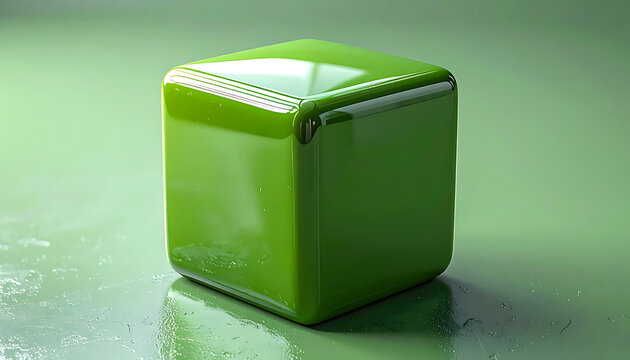 Modern Glossy Green Cube Container with Rounded Edges and Reflective Surface Finish.