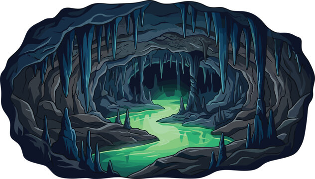 Dark underground cave with stalactites and river vector illustrationDark underground cave with stalactites and river vector illustration