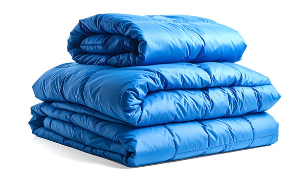 Stack of folded blue down blankets and warm winter comforters isolated on white background.