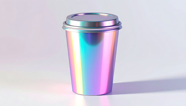 Modern holographic coffee cup with iridescent metallic finish and matching lid on white background.