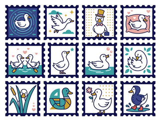 Obraz premium Cute Duck Postage Stamp Collection Vector Illustration