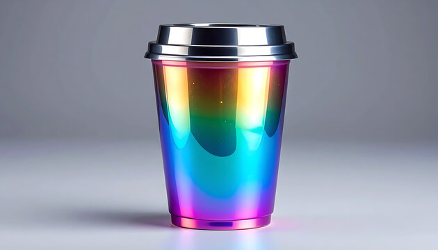 Modern iridescent rainbow coffee cup with metallic lid for takeaway beverages.
