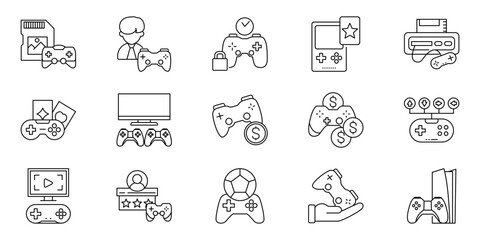 Fototapeta premium Collection of Line Art Gaming Controller and Video Game Console Icons for Digital Entertainment Web Design Projects
