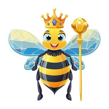Charming honeybee monarch character wearing a royal crown holding a golden scepter for educational books school mascots and insect theme illustrations