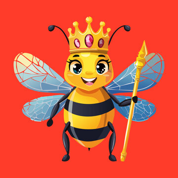 Cute cartoon bee queen holding a long royal staff proudly for organic sweet honey product packaging honeybee conservation posters and children designs