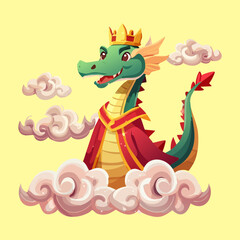 Fototapeta premium Proud green dragon character with a golden royal crown floating amongst white clouds for children bedroom wallpaper mythical storybook covers and merchandise