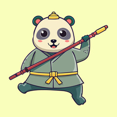 Determined panda monk character standing in a defensive combat stance holding a bamboo staff for asian history books and gaming graphics © firstcolor