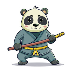 Disciplined panda ninja warrior character holding a traditional wooden boken staff for martial arts school logos combat sports mascots and stickers © firstcolor
