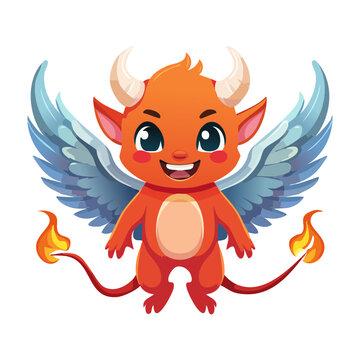 Friendly cartoon baby fire demon with orange wings standing confidently for casual mobile games children illustration branding and creative stickers