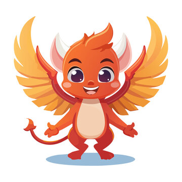 Cute little red imp demon character with yellow wings standing playfully for halloween festival graphics gaming avatars and funny sticker designs