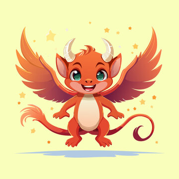 Cheerful red gargoyle imp character with white horns and wings for children fantasy storybooks halloween decor items and character design sheets